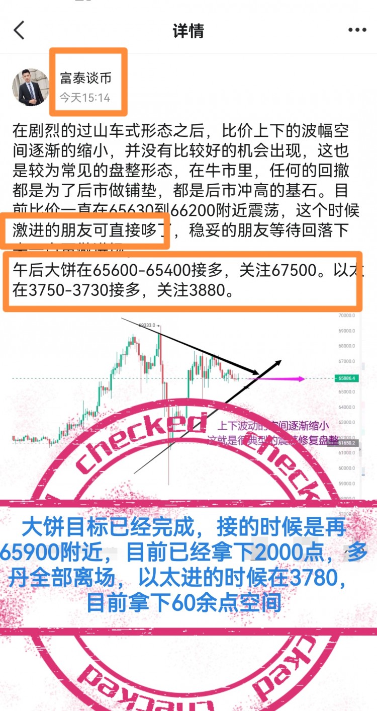 [富泰谈币1]比价再次拉升，大饼高点达67959，以太至3859，提前提示进场接多，成功拿下2000