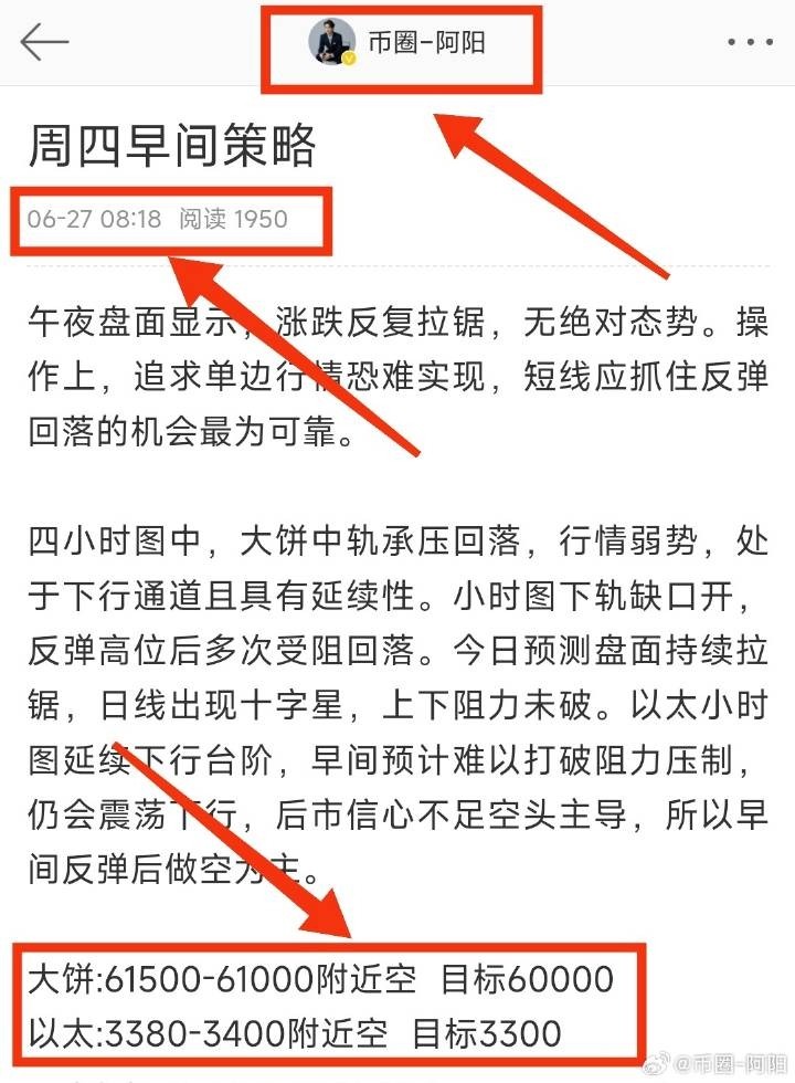 [币圈阿阳]boll线收口运行，价格承压下行 上涨阻力61400 下方支撑60000 一小时下跌通道