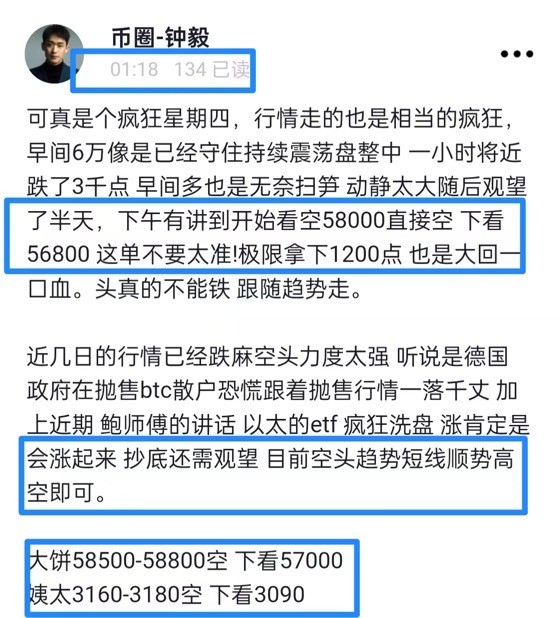 [财经钟毅]空头趋势太强势午夜大饼下跌到58800以太空下看57000-3090