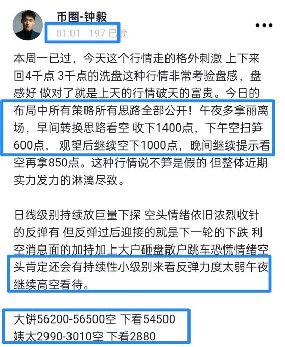 [财经钟毅]午夜行情平静走势，56950附近缓慢上行，持有下看，走低反弹更好的下跌。