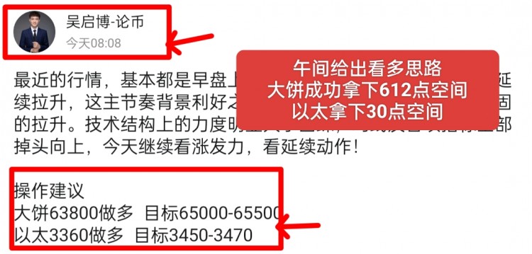 [吴启博—论币]大饼早间再度空头放量试探63800附近阻力点多头放量上行试探65100当前震荡机会把